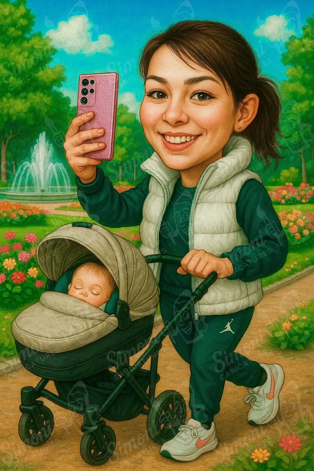 Карикатура на млада жена с количка за бебе и телефон в парк, персонализиран портрет, Simoni Caricatures, тематична сцена.